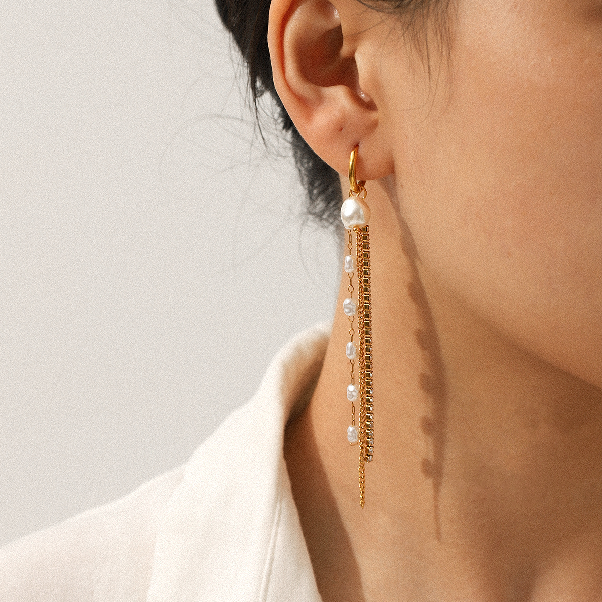 304 Stainless Steel Earrings Pearl Chain Zircon Chain Tassel Earrings Light Luxury High-end Long Earrings Versatile Accessories Vacuum Electroplating 18K Real Gold Plated