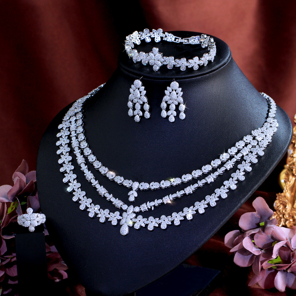 Women's 4 Piece Gold Plated Copper Jewelry Set Zircon Necklace Earrings Bracelet Ring Bridal Set For Wedding Party Date New Style Luxury