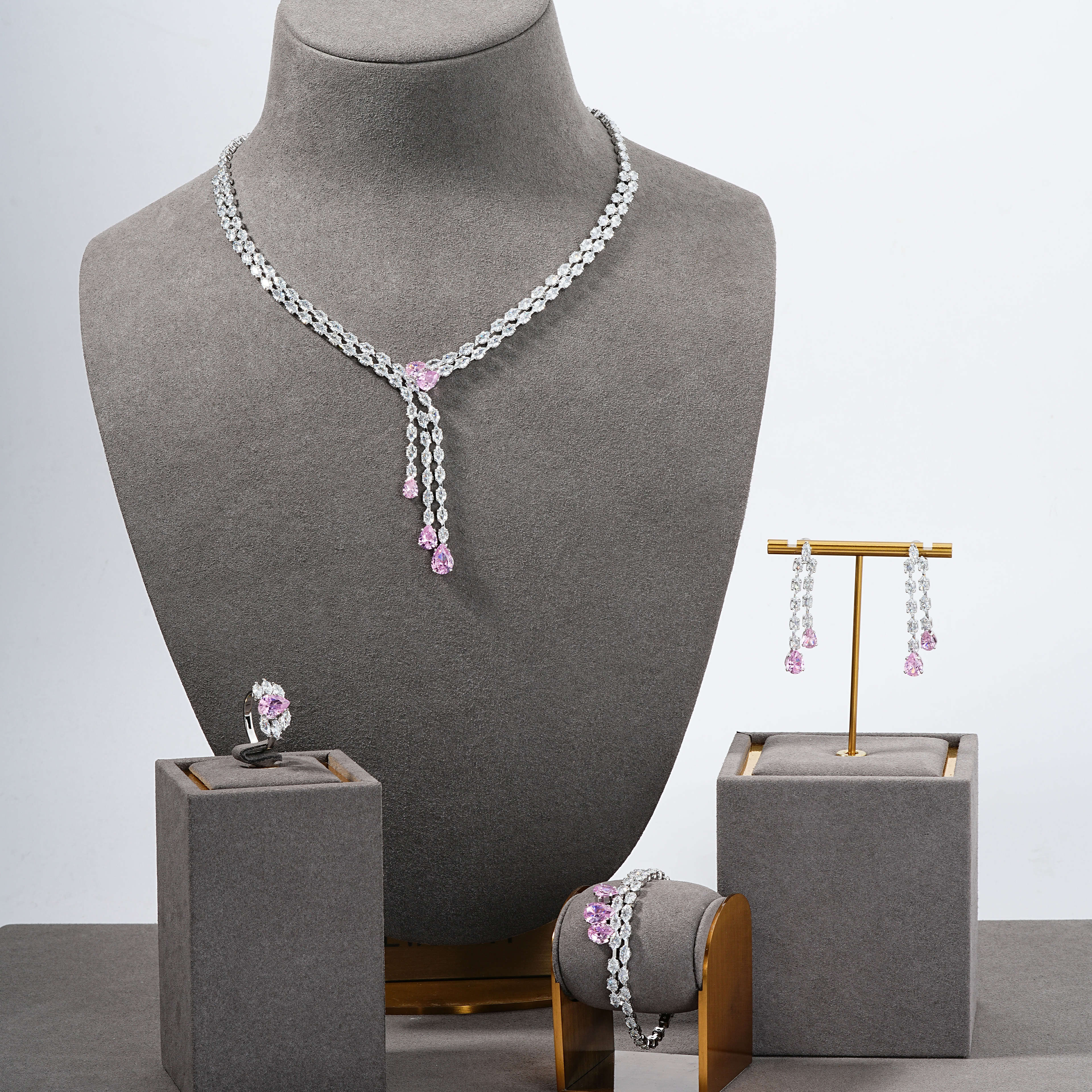 Elegant Fashion Jewelry Set, Water Drop Geometric Tassel Design Zircon Exquisite Necklace Earrings Bracelet Ring, Ideal Gift For Women, Suitable For Date And Party Accessories
