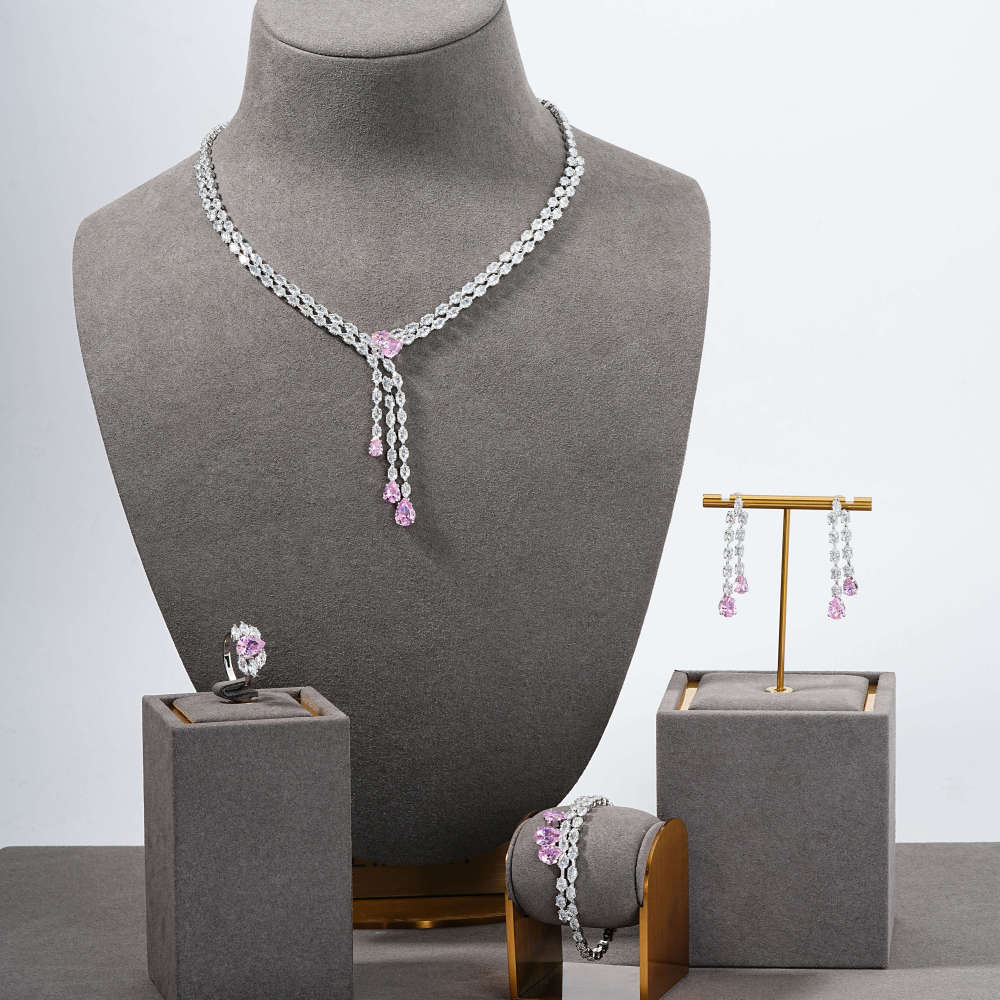 Elegant Fashion Jewelry Set, Water Drop Geometric Tassel Design Zircon Exquisite Necklace Earrings Bracelet Ring, Ideal Gift For Women, Suitable For Date And Party Accessories