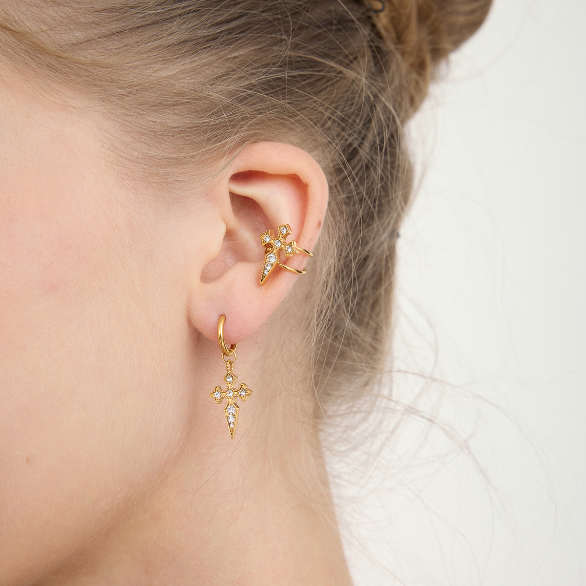 Women's Classic Style 18K Gold Stainless Steel + Rhinestone White Rhinestone Cross Pendant Earrings Pair
