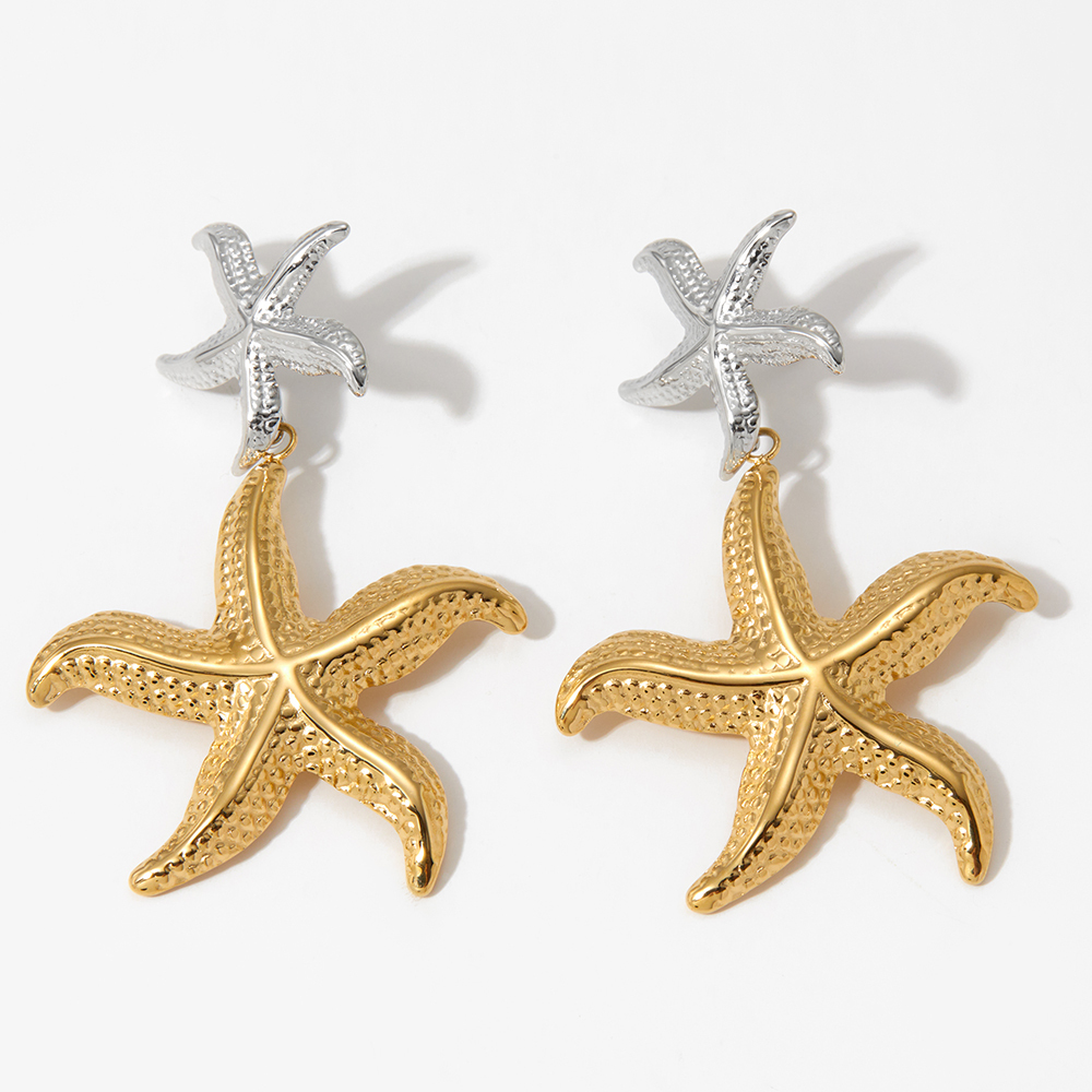 304 Stainless Steel Starfish PVD Coated Stone-Free Real Gold Plated Marine Style Beach Waterproof Non Tarnish Drop Earrings