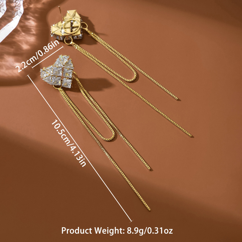 14K Gold Plated Long Tassel Earrings French Vintage Zircon Heart Shaped Elegant Women's Fashion Jewelry Accessories