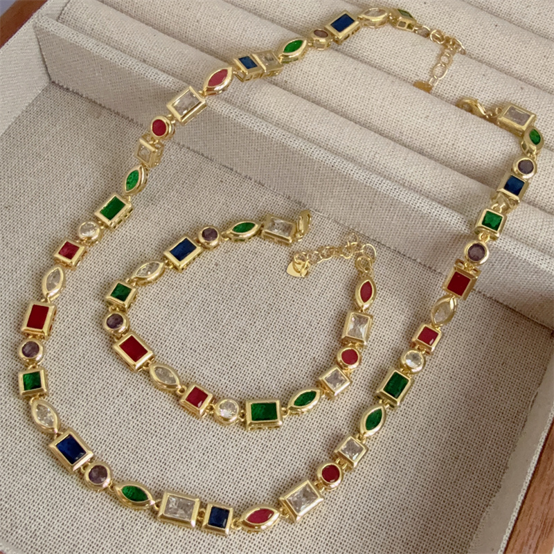 Wholesale Jewelry Classic Style Geometric Copper Zircon 18K Gold Plated Bracelets Necklace Jewelry Set Italian Charm & Links
