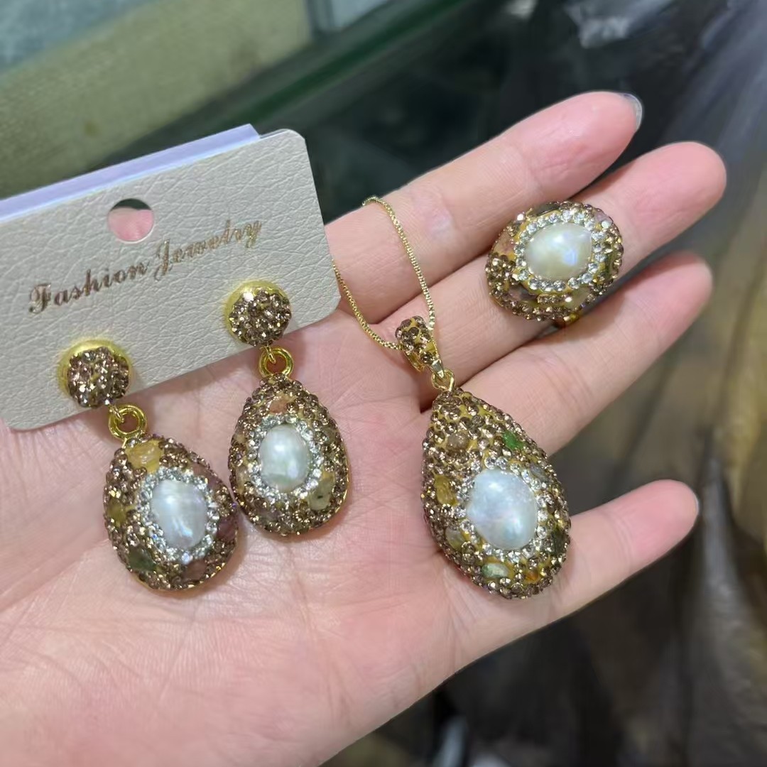 Women's Copper Box Chain 18K Gold Plated Polishing Inlay Oval Water Droplets Natural Stone Crystal Rhinestones Jewelry Set Crystal Jewelry