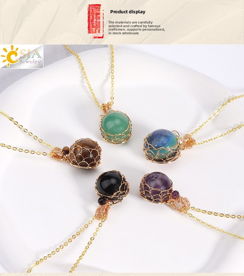 Natural Semi-precious Stone Crystal Necklace Set Fashion Geometric Pattern Pendant Jewelry Retro Style CSJA Jewelry Accessories
