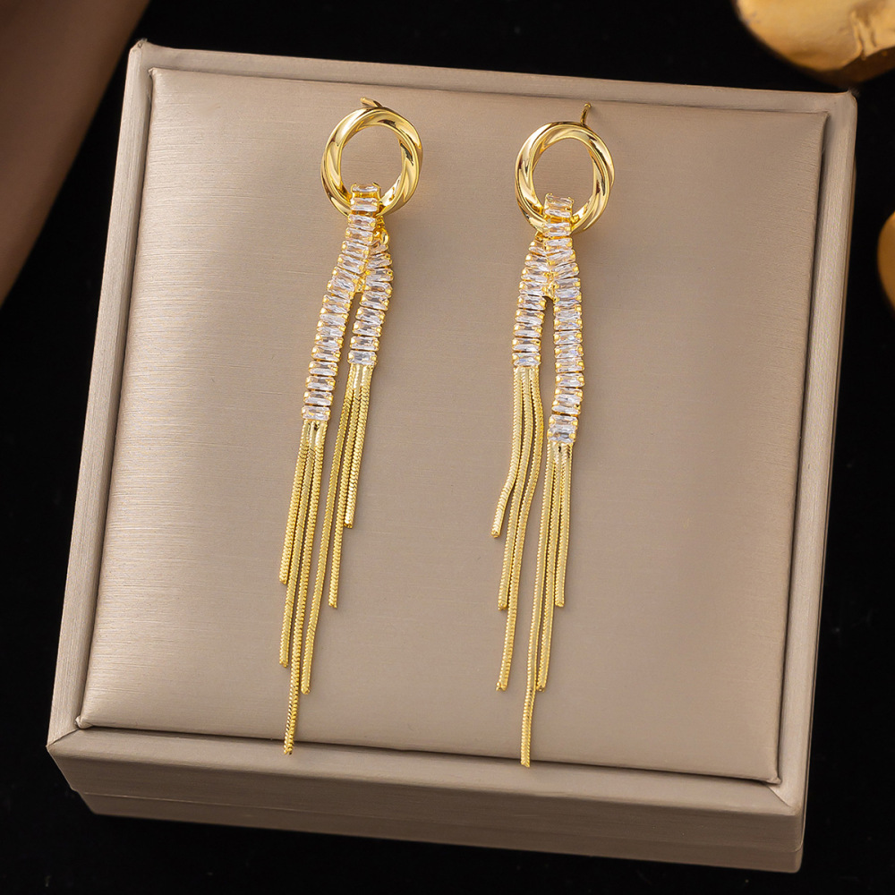 Tassel Long Chain Zircon Earrings Elegant Geometric Pattern Stainless Steel Women's Jewelry Accessories  Style