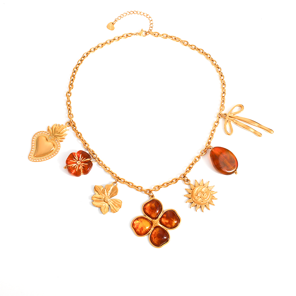 Milad Style Sunflower Bow Amber Color Vacuum Electroplated 18K Real Gold 304 Stainless Steel Autumn Winter Sweater Chain