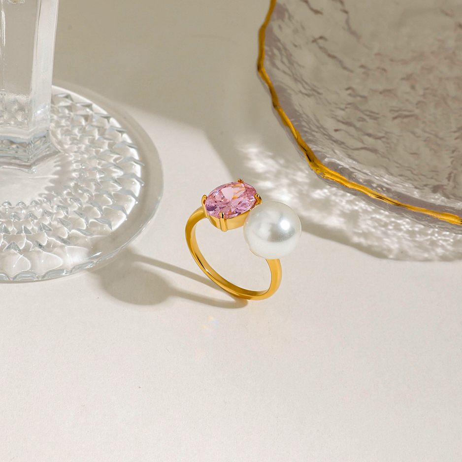 PVD Coated Real Gold Plated Geometric 316 Stainless Steel  Zircon Casual Vacation Romantic Waterproof Non Tarnish Rings