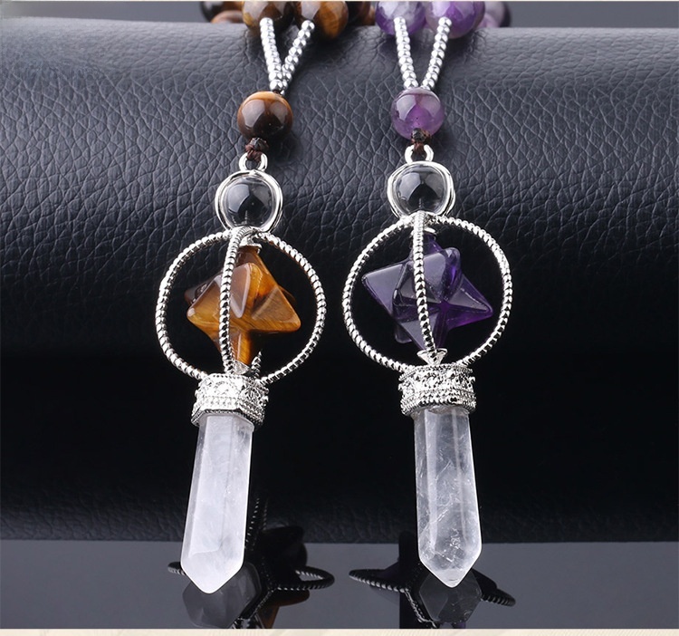 Natural White Crystal Column Long Necklace Merkaba Stone Bead Women's Sweater Chain Autumn Winter Versatile Simple Style Copper Accessories