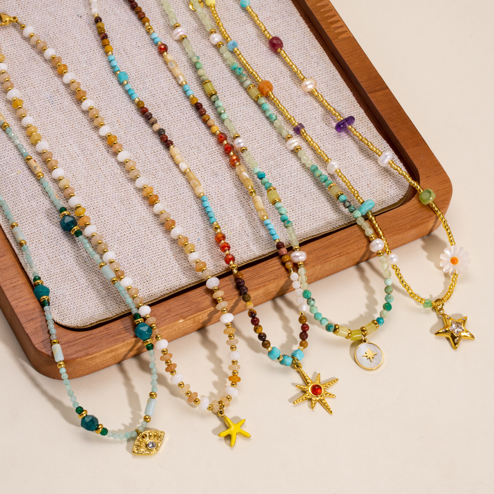 European And American New Style Light Luxury Fashion Natural Stone Beaded Necklace 304 Stainless Steel Clavicle Chain Vacuum Electroplating 14K Real Gold Plated Pendant Necklace Fresh Small Niche Retro Style