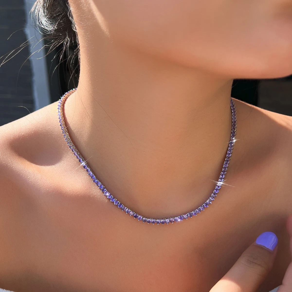Copper Material Water Plated Rhodium Inlaid Purple Round Zircon Geometric Pattern (Jewelry) Waterproof Non-Fading Butterfly Clasp Women's Wedding Full Diamond Tennis Necklace