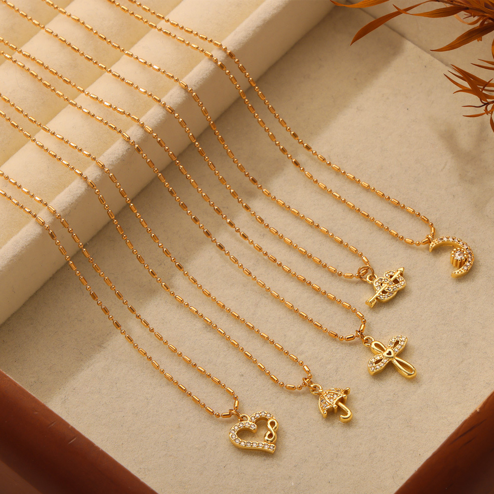 304 Stainless Steel Copper Moon Heart Shape Umbrella PVD Coated Rhinestones Real Gold Plated Elegant Simple Style Classic Style Waterproof Non Tarnish Plating Inlay White Gold Pendant Necklace