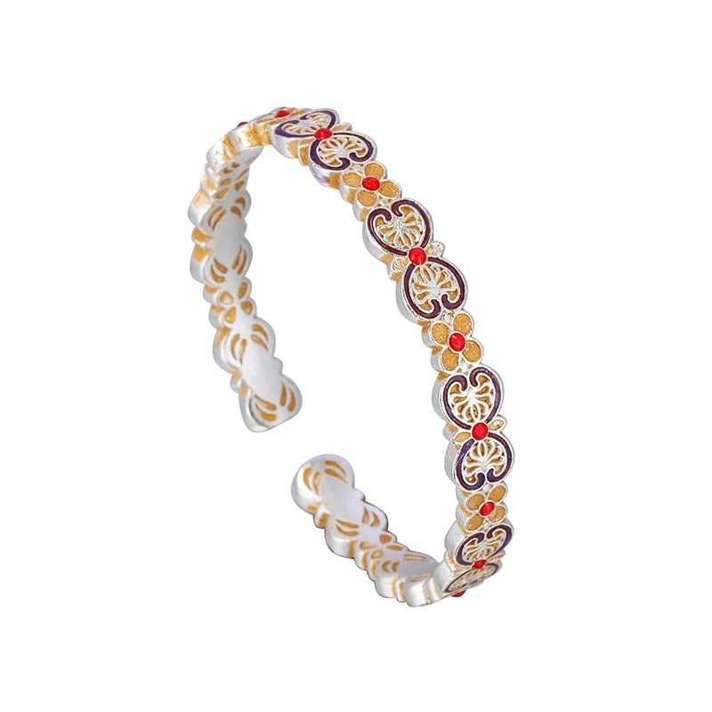 Vintage Ethnic Style Silver-Plated Bracelet New Chinese Style Violet Bracelet National Style Gold-Plated Enamel Double Ruyi Bracelet Gift Copper Geometric Pattern Flower Bracelet