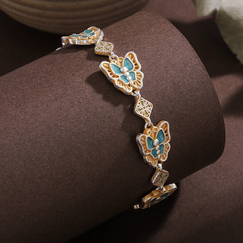 Silver-Plated Bracelet With Gold-Plated Enamel Butterfly Vintage Peace And Joy Bracelet For Women Enamel Gold-Plated National Style High-End Feel