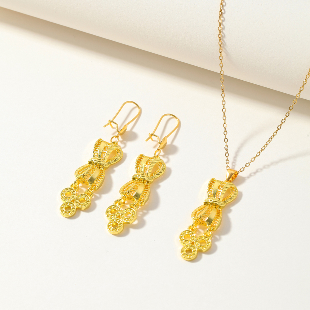 3pcs Fashion Personality Bowknot Copper Coin Pendant Necklace Earrings, Suitable For Daily Wear, Parties, And Holiday Gifts