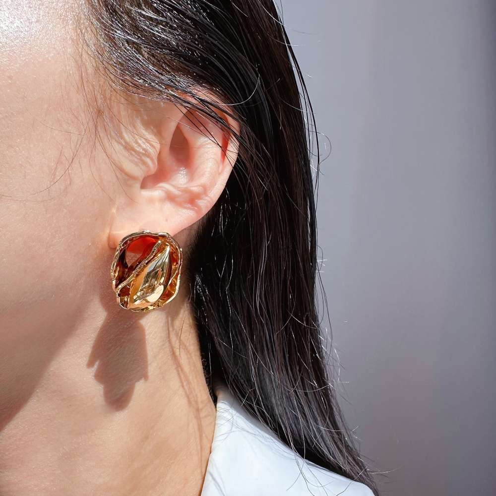 Handmade Wrinkled Hammered Pattern Bud Seed Exaggerated Earrings Unique Oval Personality Stud Earrings Women's Fashion Jewelry 1076