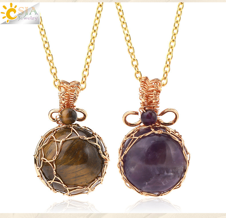 Natural Semi-precious Stone Crystal Necklace Set Fashion Geometric Pattern Pendant Jewelry Retro Style CSJA Jewelry Accessories
