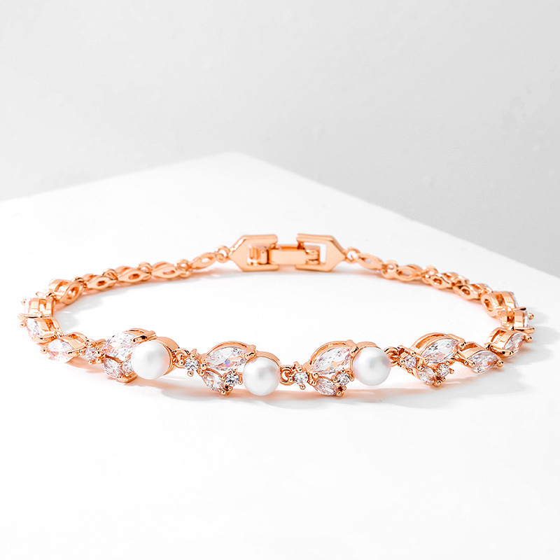 RAKOL New Luxury Light Weight Micro Paved Zircon Pearl Bracelet For Women Fashionable Versatile Hand Jewelry Geometric Pattern