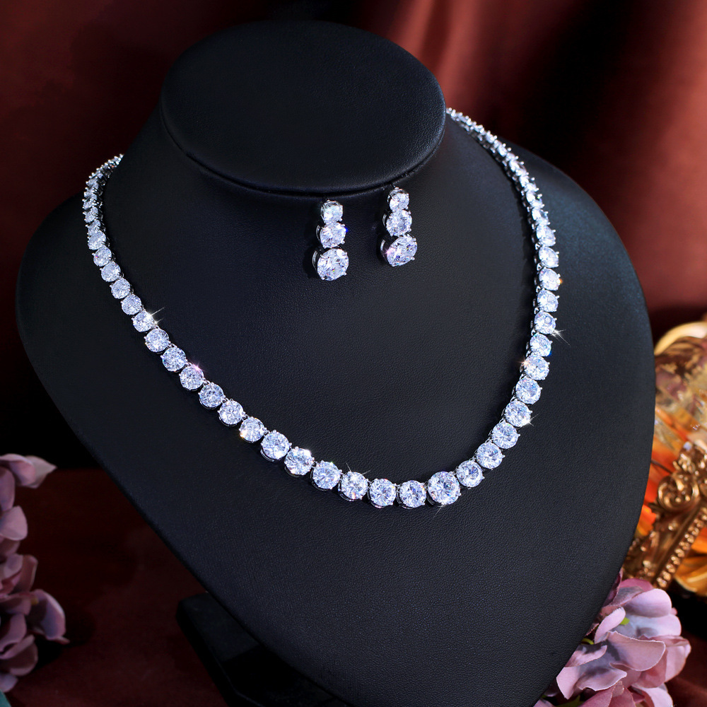 Fashionable Copper Zirconia Jewelry Set Necklace And Earrings Bridal Gown Dinner Party Glowing Wedding Dress Jewelry For Women