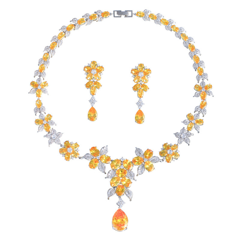 Women's Luxury Yellow Zircon Copper Jewelry Set - Teardrop Floral Earrings And Necklace For Wedding Banquet Evening Party Date