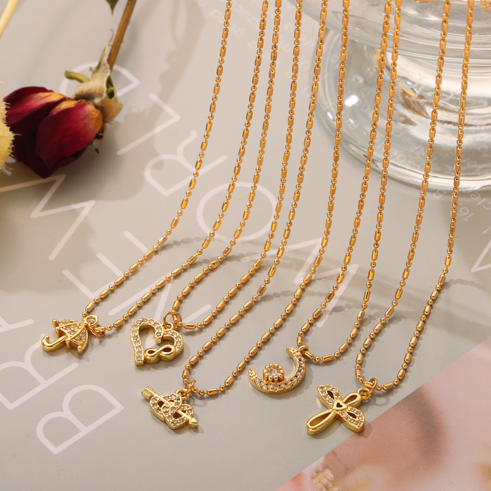 304 Stainless Steel Copper Moon Heart Shape Umbrella PVD Coated Rhinestones Real Gold Plated Elegant Simple Style Classic Style Waterproof Non Tarnish Plating Inlay White Gold Pendant Necklace