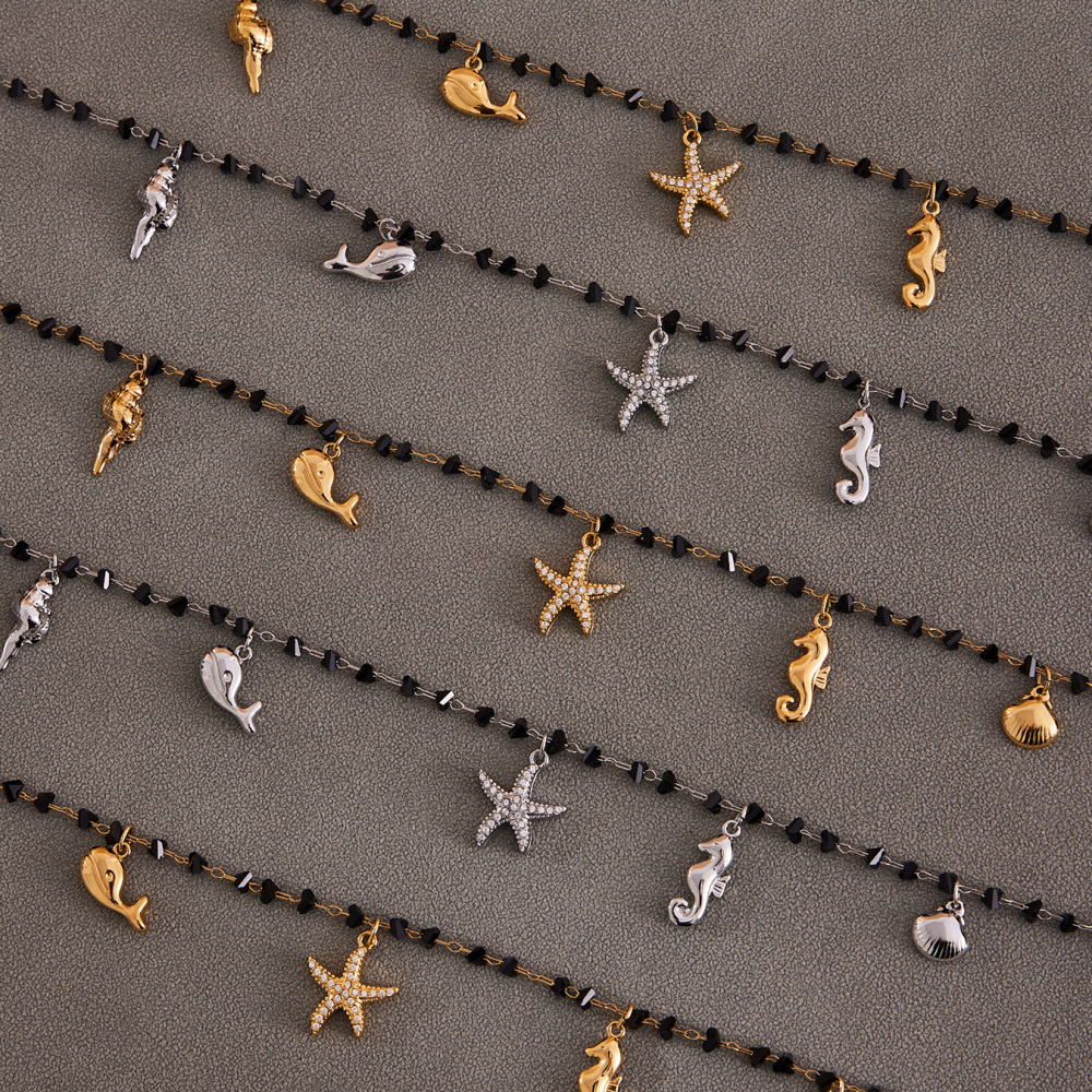 Stainless Steel Starfish Zircon Crystal Stone Beach Vacation Style Necklace Gold Plated DIY Multi Pendant Jewelry Accessories