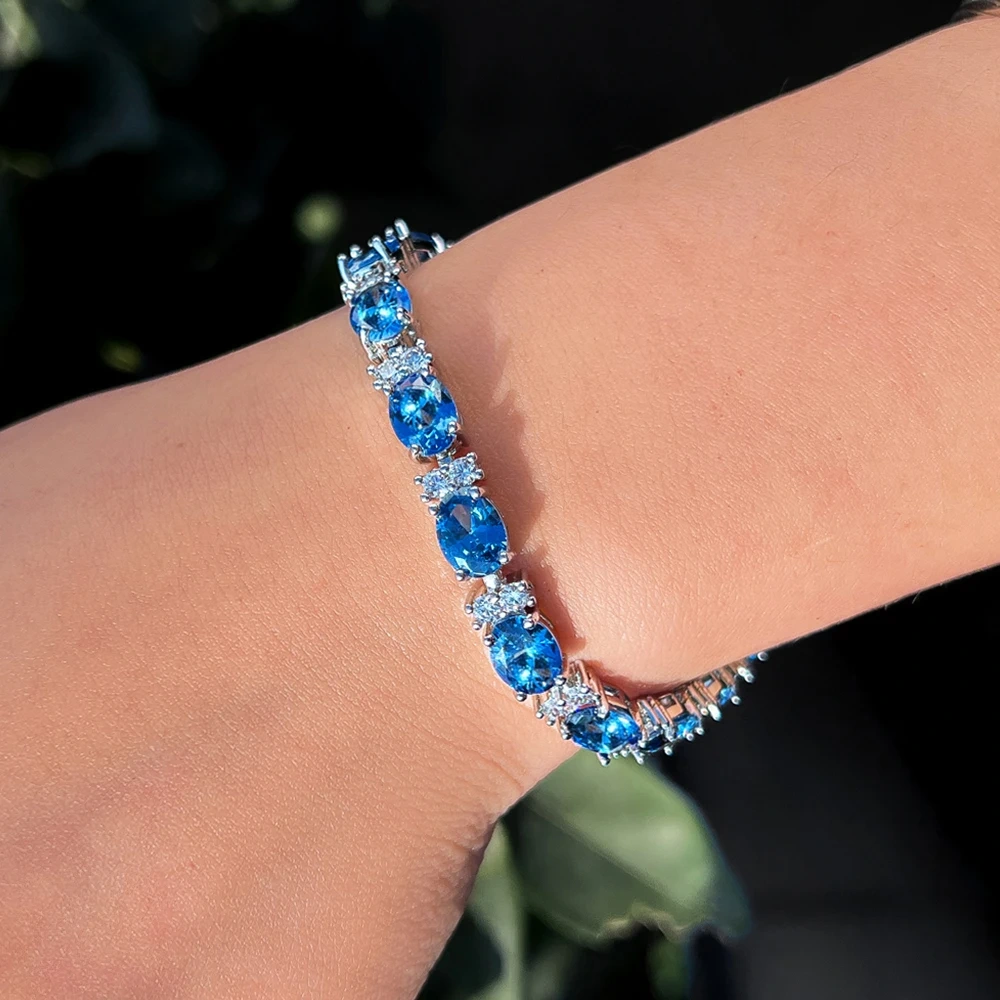 1 Copper Bracelet New Luxurious Blue Oval Cubic Zirconia Tennis Bracelet Suitable For Women Bride Wedding Evening Jewelry Accessories