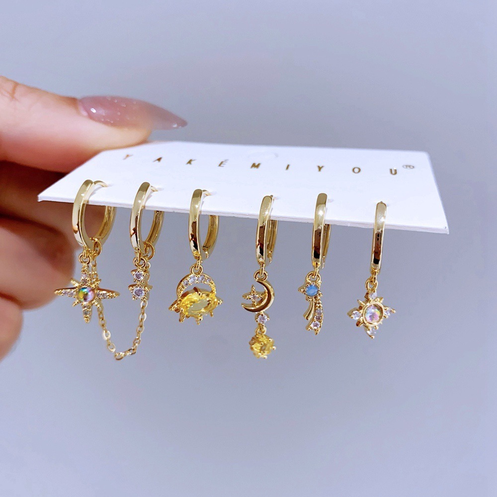 Yellow Zircon Ear Clip Set Luxury 6-piece Set Grid Ladies Jewelry Accessories Star Copper Material