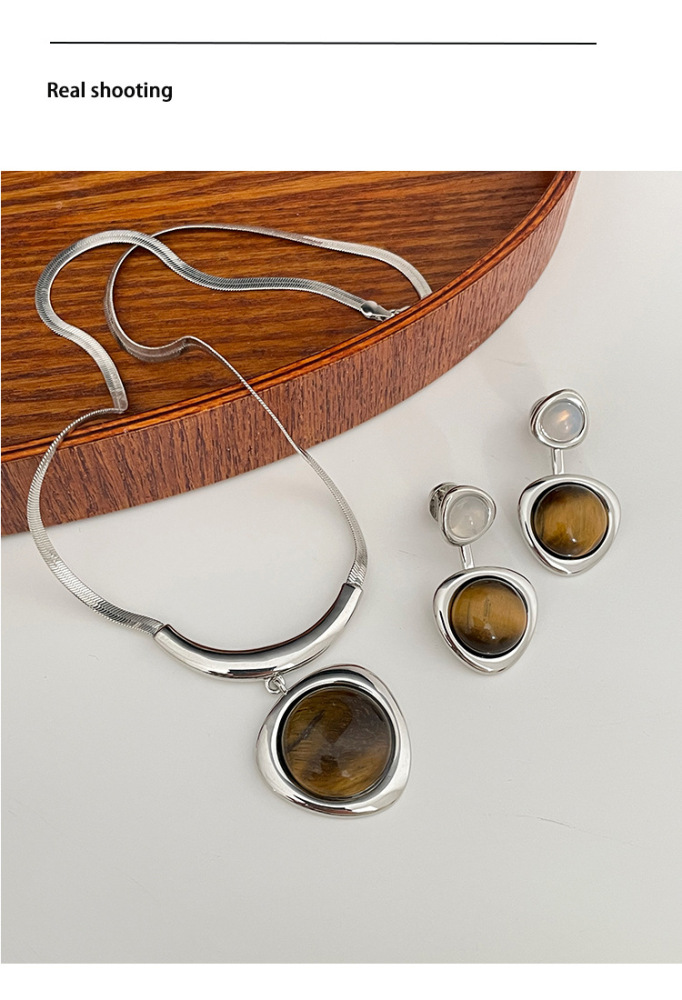 Elegant Vintage Tiger Eye Stone Pendant Necklace Set For Women Geometric Irregular Design Unique Fashion Jewelry Accessories