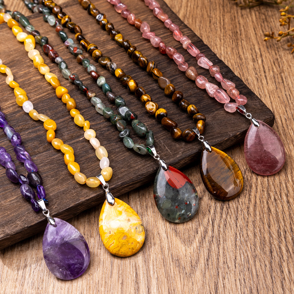 ZhouHang Natural Crystal Long Necklace Elegant Pendant Sweater Chain Amethyst Water Drop Earrings Jewelry Accessories