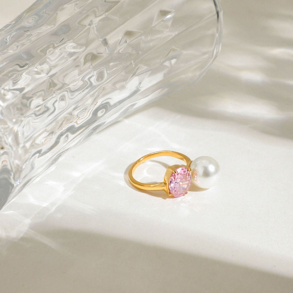 PVD Coated Real Gold Plated Geometric 316 Stainless Steel  Zircon Casual Vacation Romantic Waterproof Non Tarnish Rings