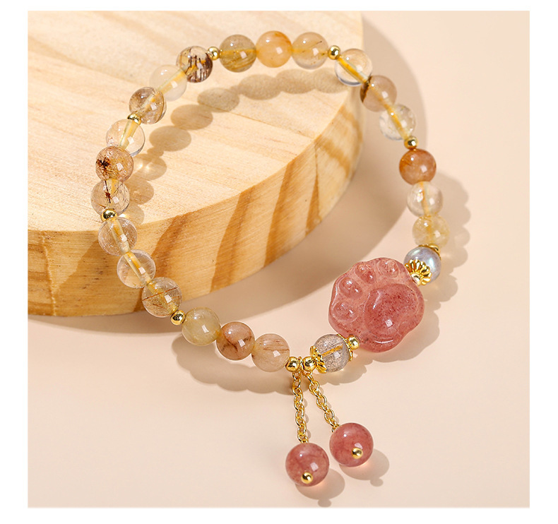 Natural Crystal Cat Paw Bracelet For Girls Cute Tassel Accessories Strawberry Crystal Hair Jewelry Crystal Animal Pattern Jewelry