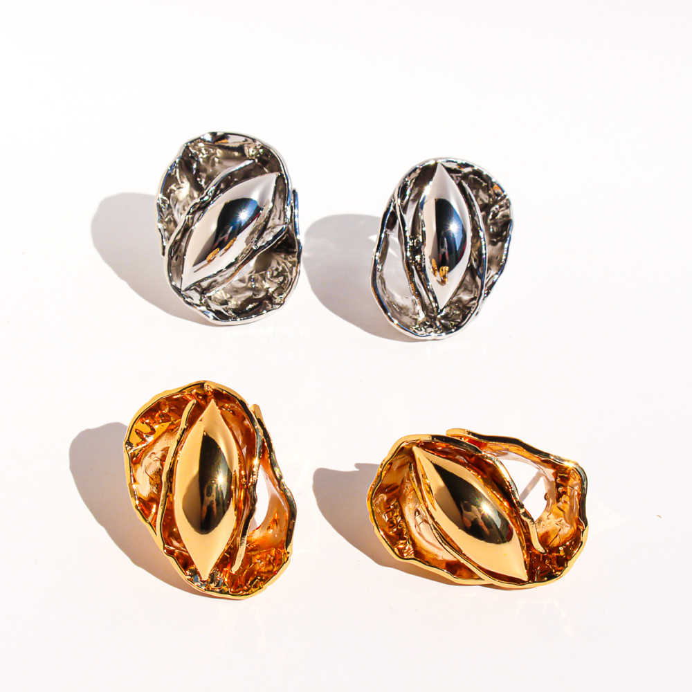 Handmade Wrinkled Hammered Pattern Bud Seed Exaggerated Earrings Unique Oval Personality Stud Earrings Women's Fashion Jewelry 1076