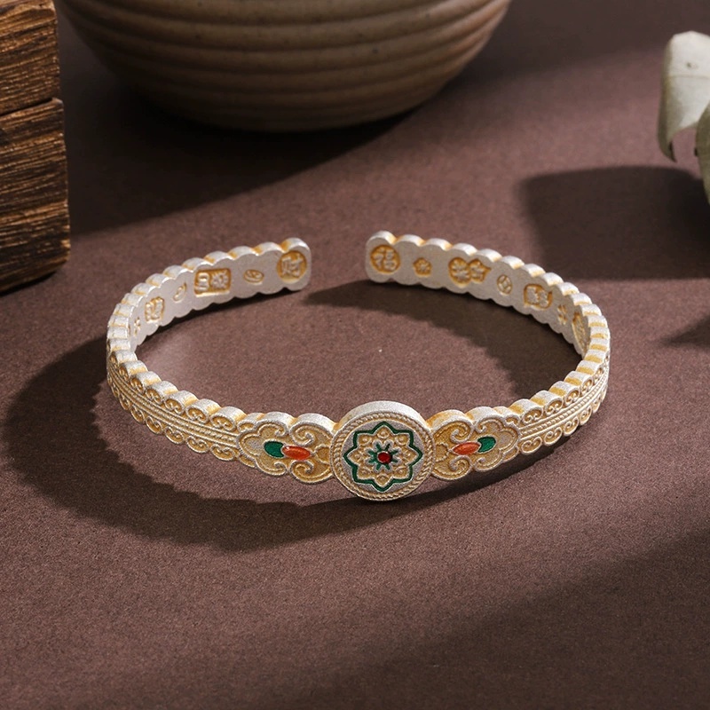 Vintage Ethnic Style Silver-Plated Bracelet With Gold Enamel Ruyibao Xianghua Auspicious Inscriptions Open-Ended Bracelet Copper Universal Electroplated Geometric Pattern National Trend Girlfriend