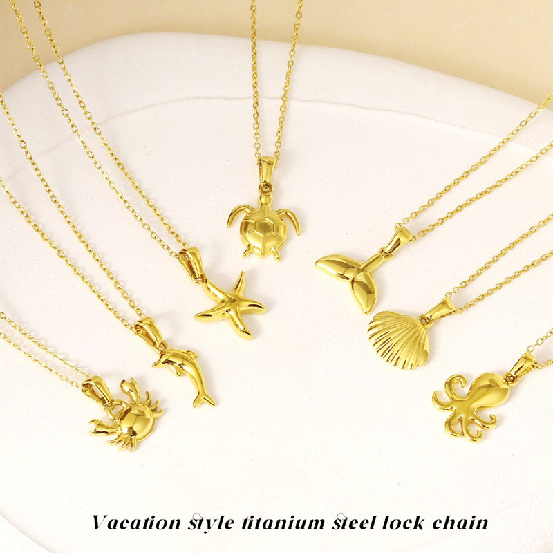 18K Gold Plated Turtle Starfish Shell 304 Stainless Steel Animal Pendant Necklace Fashion Starfish Conch Collarbone Chain Women's Ocean Series Jewelry Accessories