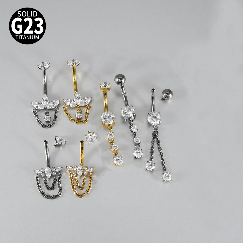 Titanium Belly Button Piercing Belly Button Ring Zircon Hanging Chain Multiple Horse Eye Pendant Internal Teeth Belly Button Nail Body Piercing Jewelry Accessories