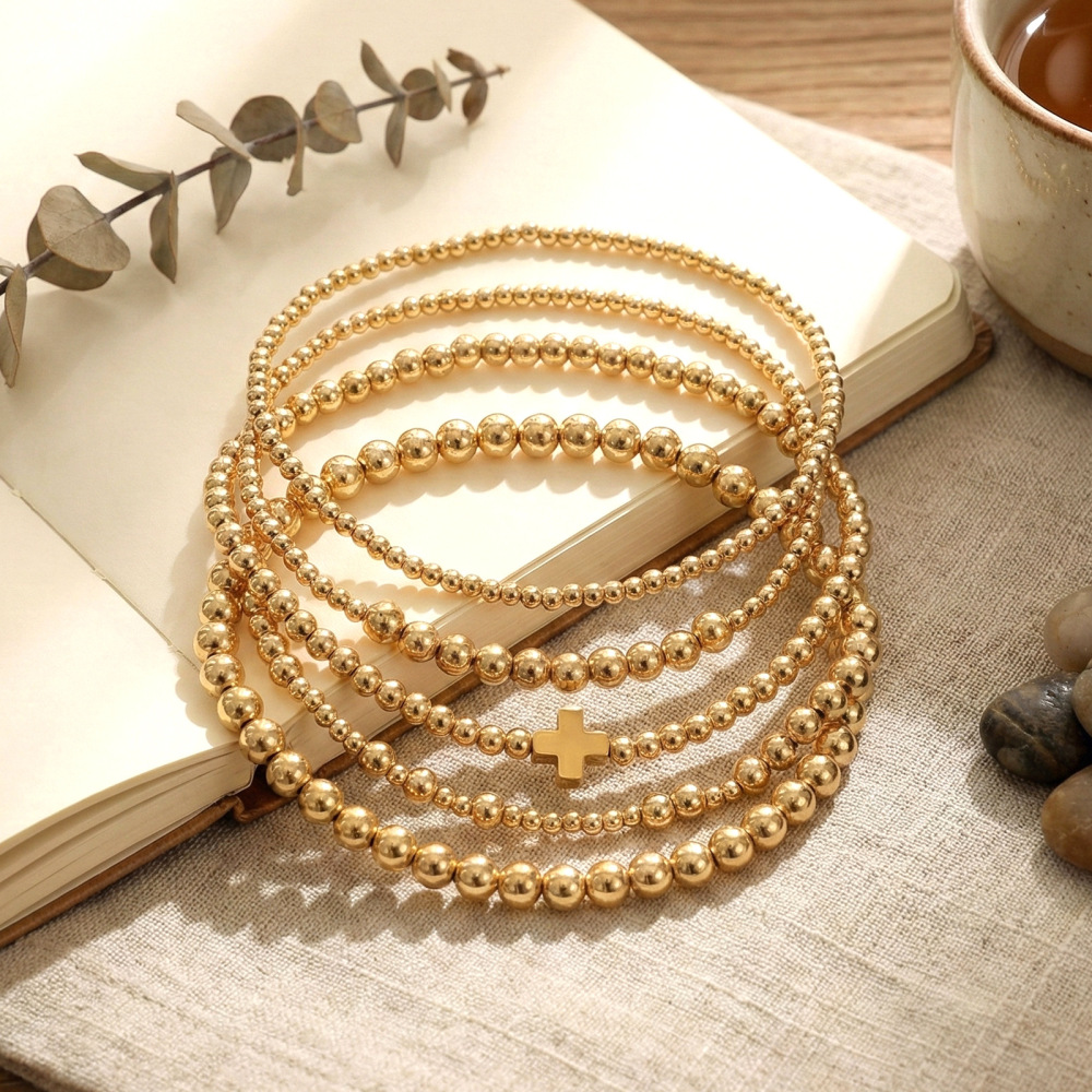 Gold Multi-layer Beaded Bracelet Simple Cool Stackable Round Beaded Bracelet Accessories Unisex