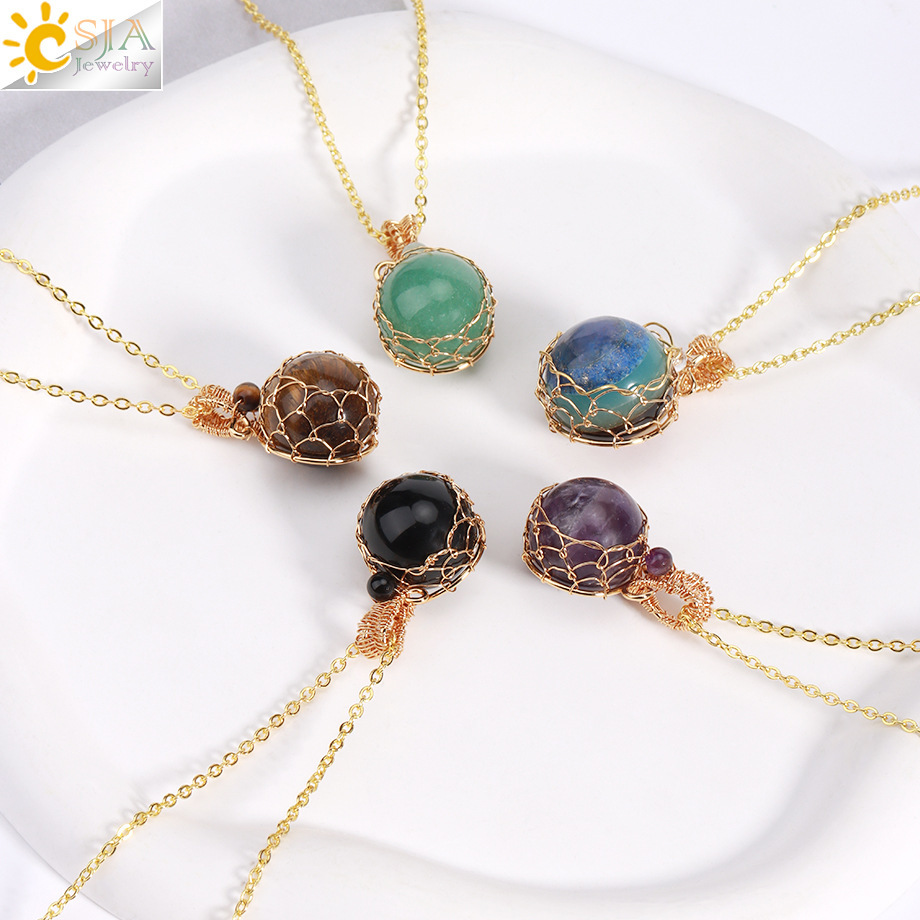 Natural Semi-precious Stone Crystal Necklace Set Fashion Geometric Pattern Pendant Jewelry Retro Style CSJA Jewelry Accessories
