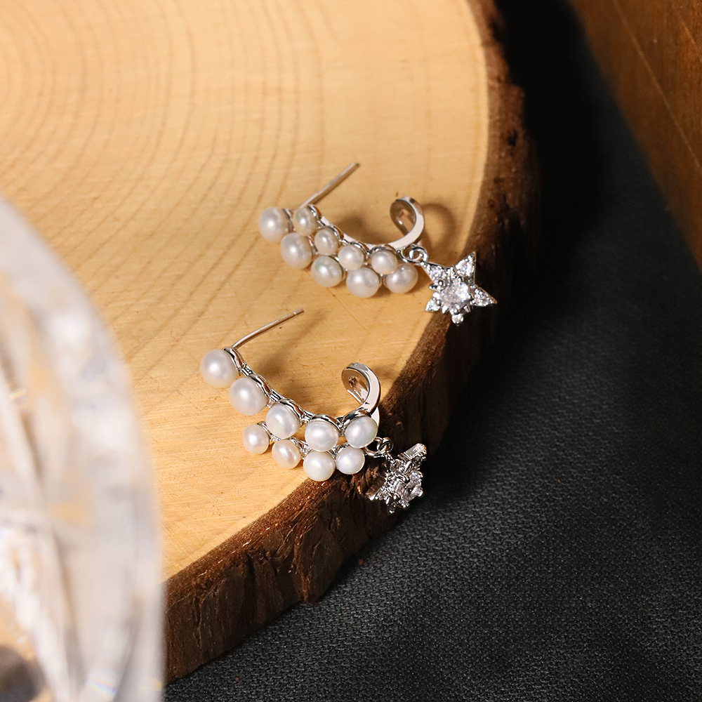 Natural Freshwater Pearl Star Stud Earrings White Gold Elegant Simple Style Women's Jewelry Accessories For Date And Tea Party