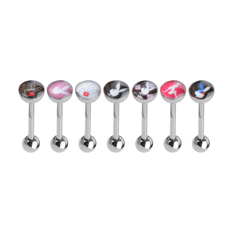 Fashion New F136 Titanium Alloy Straight Tongue Ring Rabbit Girl Lip Stud Geometric Pattern Unisex Polished Surface Piercing