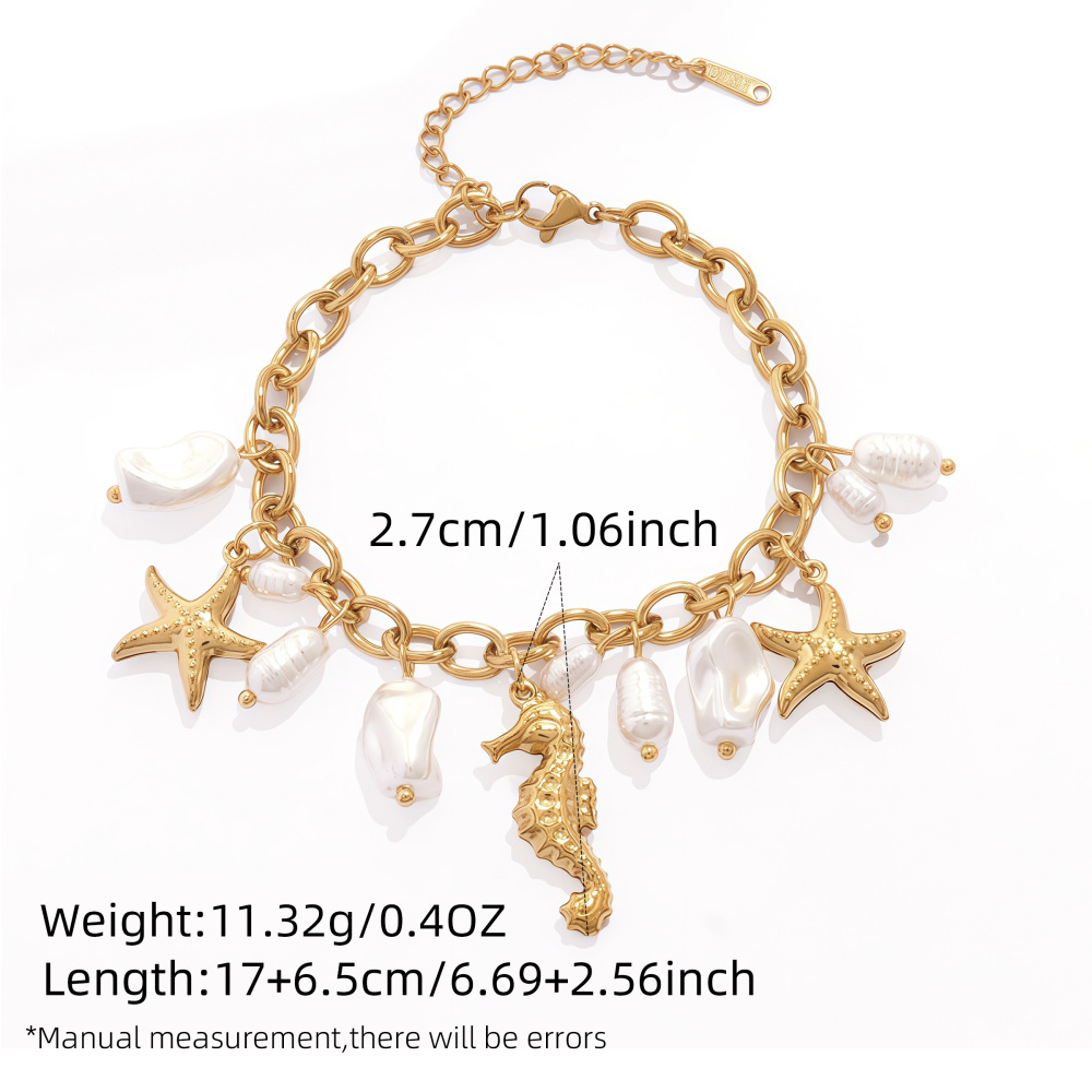 18K Gold Plated 304 Stainless Steel Vacuum Electroplated Artificial Pearl Ocean Bracelet Women's Jewelry Accessories Waterproof Non-Fading Three-Dimensional Asymmetric Handmade Chain