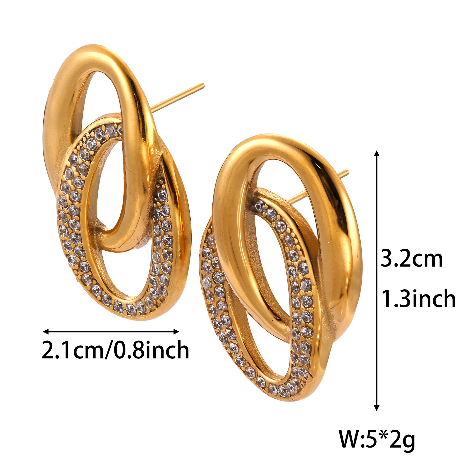 UV Electroplated 18K Real Gold Stainless Steel Casting Double O Splicing Zirconia Earrings Niche European And American Style Trendy Fashion Earrings