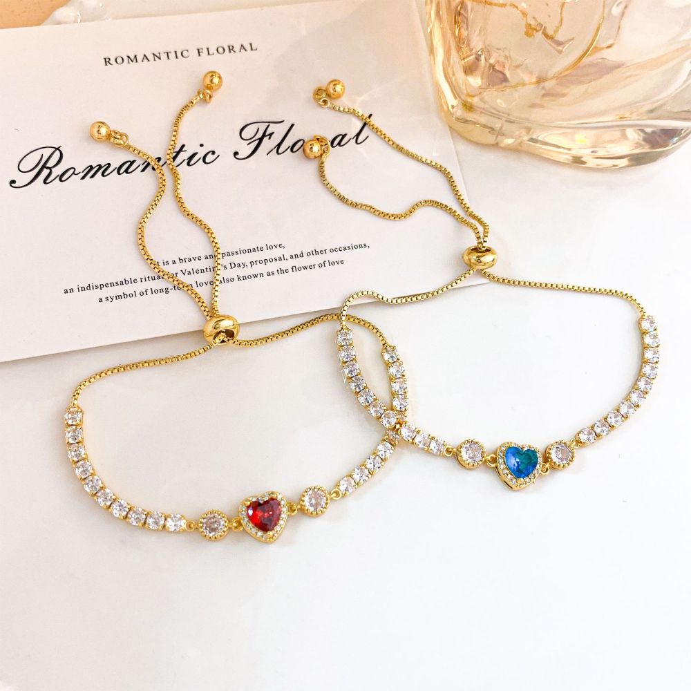Adjustable Colorful Heart Zircon Bracelet Luxury Sensation Slide Bead Friend Style Genuine Gold Plating Enhanced Color Retention