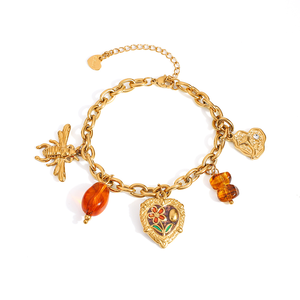 Oil Drip Flower Heart Shape Pendant Ins Style Little Bee Pendant Vacuum Electroplating 18K Real Gold 304 Stainless Steel DIY Bracelet