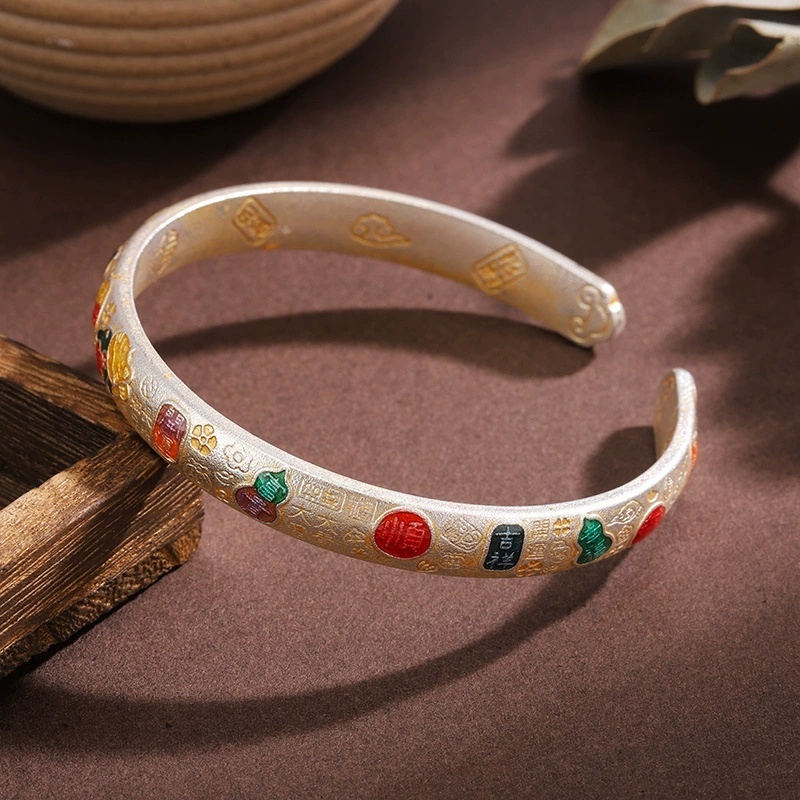 Vintage Ethnic Style Silver-Plated Bracelet Enamel Lucky Cat Auspicious Bracelet For Women New Chinese Style National Style Copper Universal Electroplated Silver Bracelet Gift For Girlfriend