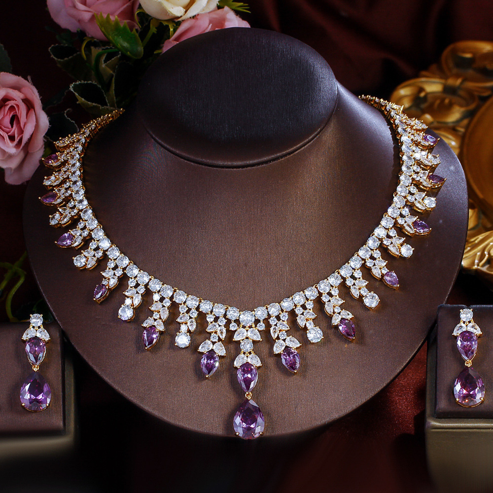 Elegant Teardrop Purple Zircon 2-Piece Copper Jewelry Set For Women - Luxury Wedding Party Date Night Accessory
