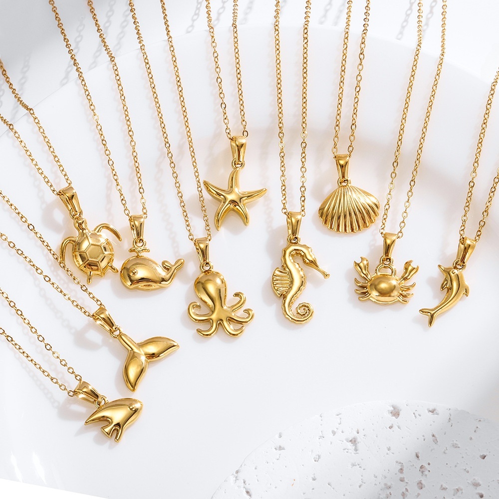 18K Gold Plated Turtle Starfish Shell 304 Stainless Steel Animal Pendant Necklace Fashion Starfish Conch Collarbone Chain Women's Ocean Series Jewelry Accessories
