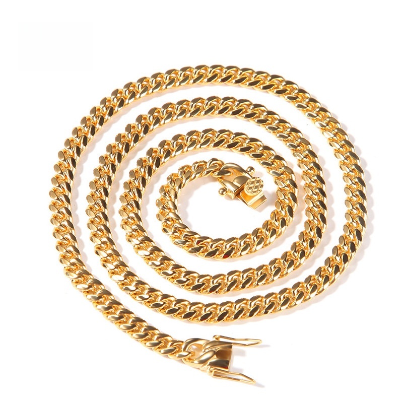 Fashion European And American Hip-Hop Gold-Plated Titanium Steel 6mm Cuban Necklace Men's 316L Stainless Steel Vacuum Electroplated Solid Color Bracelet Fashion Accessories Jewelry