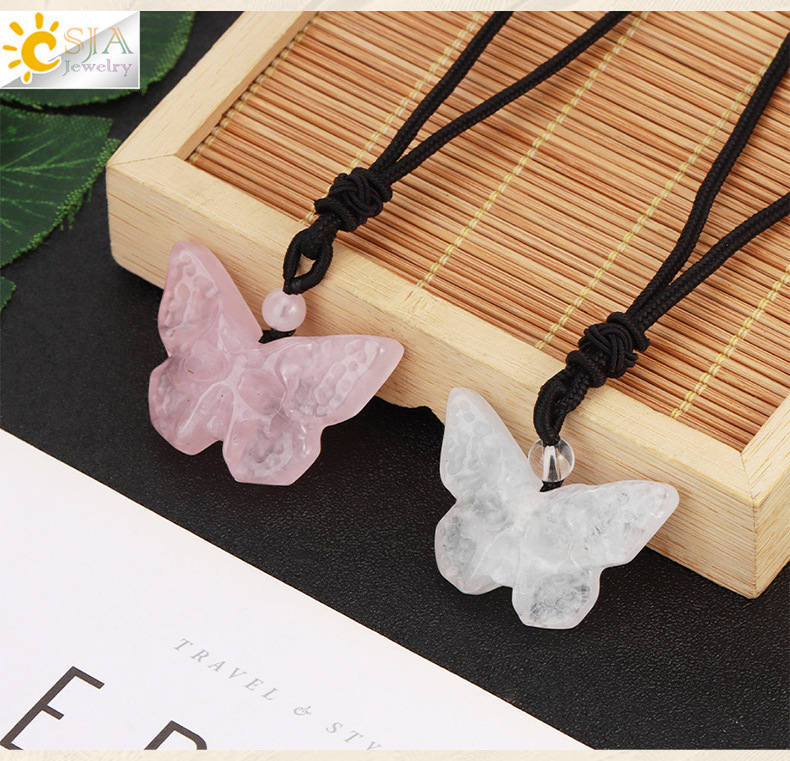 Elegant Retro Style Butterfly Natural Stone Rope Woven Chain Pendant Necklace Wholesale Carved Grimace Semi-Precious Crystal Halloween Theme Jewelry Accessories